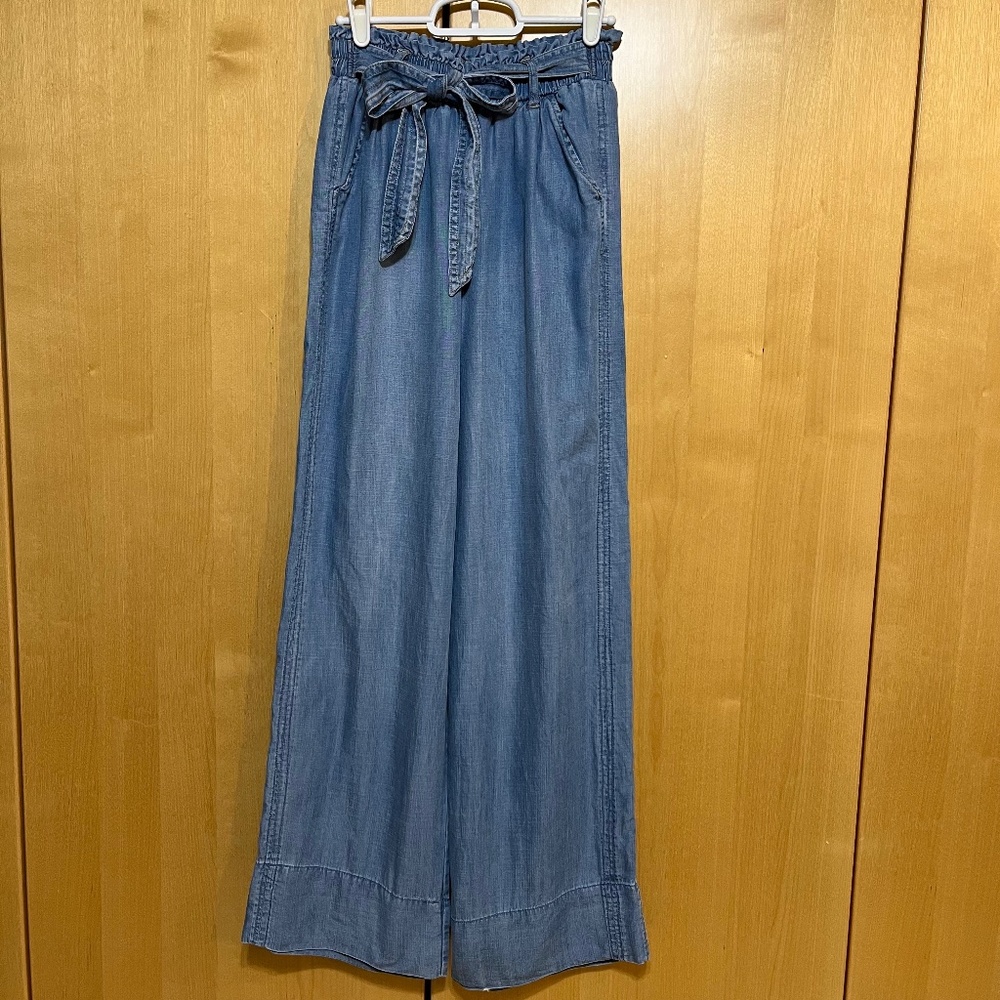 Blue chambray barrel leg pants with front ties